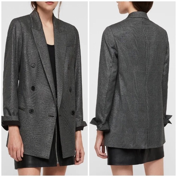 All Saints Isla Shimmer Check Blazer Plaid Black Silver Sparkle Party Sz 4 - Picture 3 of 16